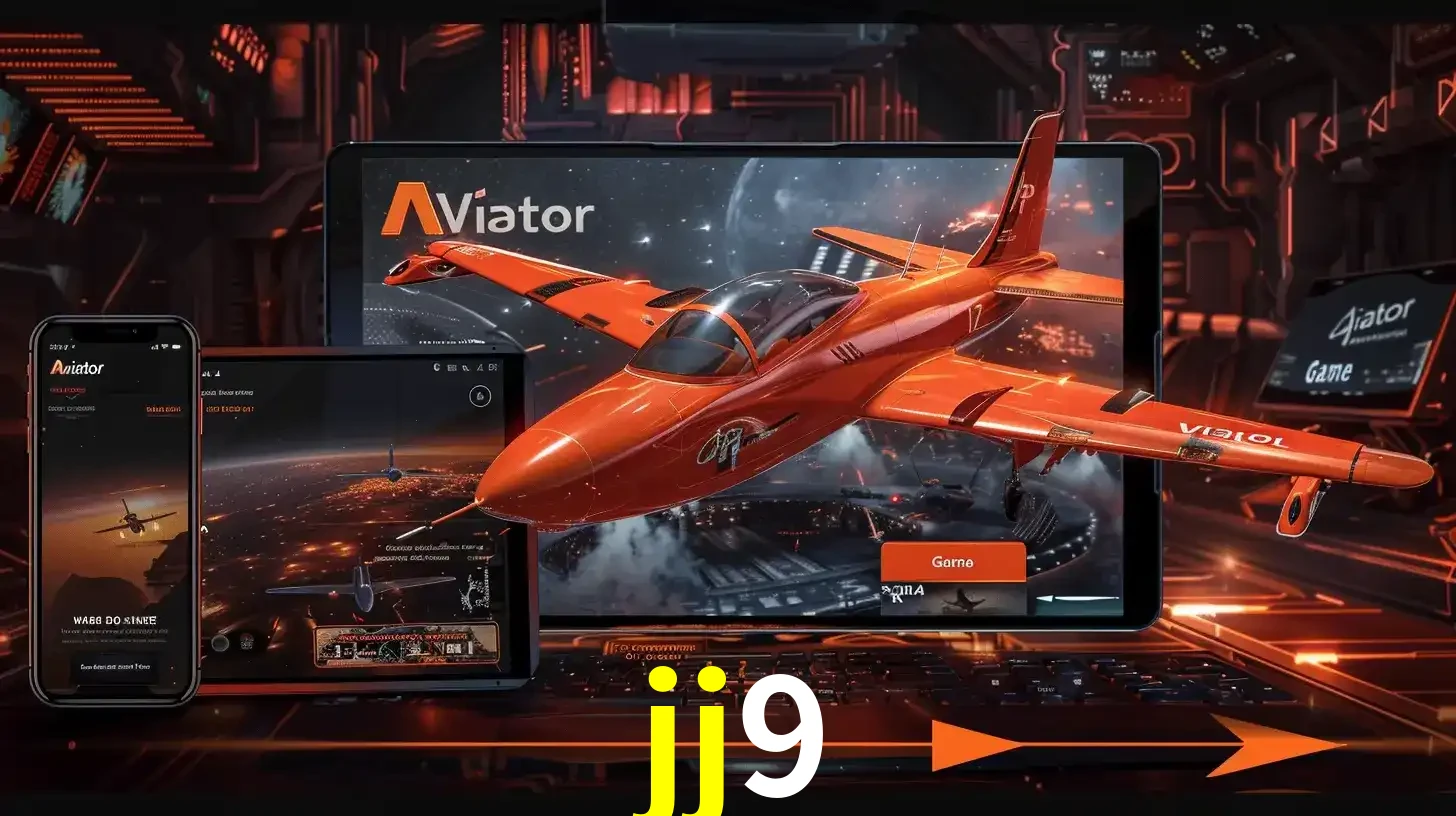 Apresentação tecnológica do jogo Aviator com um avião saindo da tela de um tablet, demonstrando a experiência imersiva em múltiplos dispositivos no jj9.