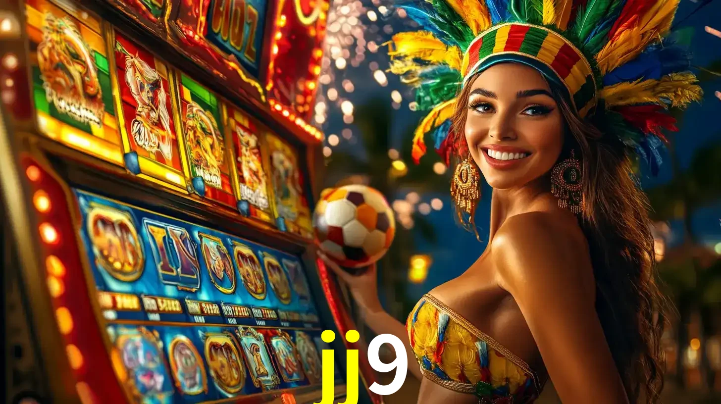 Mulher com um cocar de carnaval ao lado de uma máquina de caça-níqueis enquanto segura uma bola de futebol, mostrando a união da diversão de cassino e esportes no jj9.