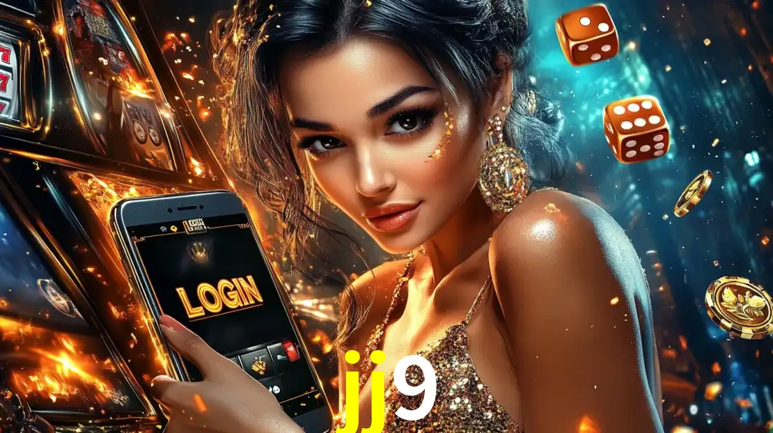 Mulher glamourosa segurando um celular com a tela de login do cassino jj9, rodeada por dados e moedas douradas, pronta para começar a diversão.