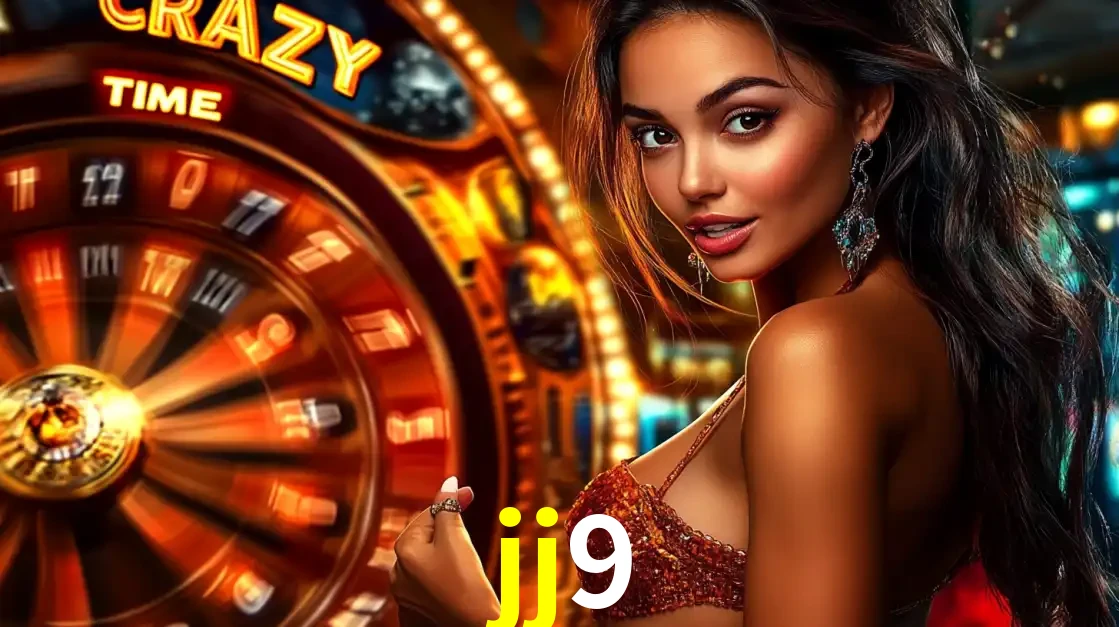 Mulher ao lado da roda de prêmios do jogo de cassino ao vivo Crazy Time, um dos shows de jogos mais emocionantes oferecidos pela plataforma de apostas jj9.