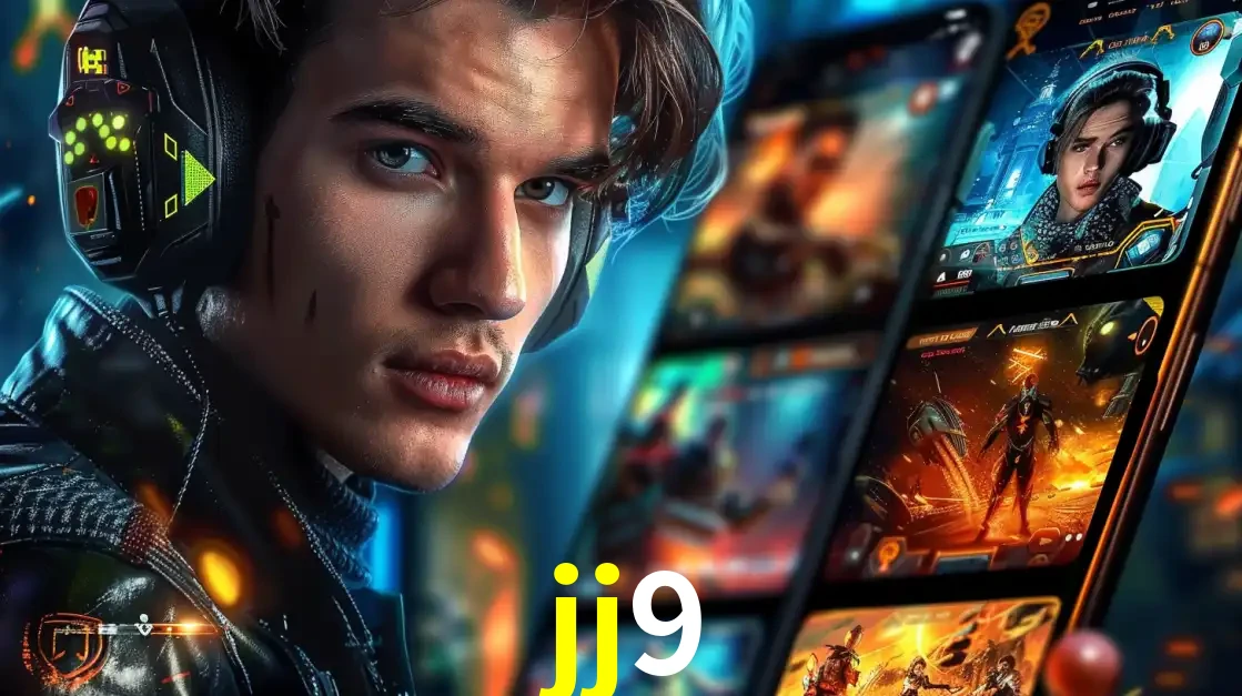 Jovem jogador com fones de ouvido olhando para a câmera, com um aplicativo de jogos e e-sports para celular ao fundo, pronto para a competição e apostas no jj9.