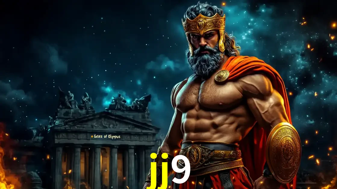 O poderoso Zeus do jogo de slot Gates of Olympus em frente ao seu templo, pronto para lançar multiplicadores divinos e prêmios épicos no cassino online jj9.