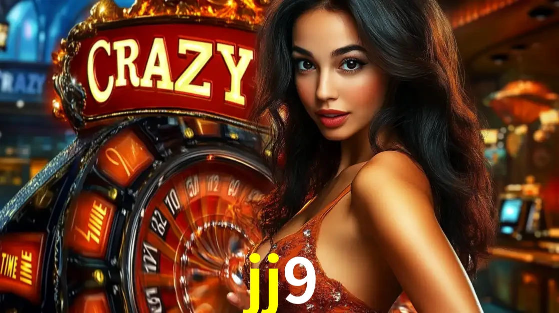 Mulher glamourosa olhando para a câmera com a roda vermelha do Crazy Time ao fundo em um ambiente de cassino, destacando a emoção dos jogos ao vivo no jj9.