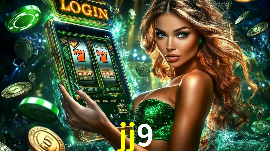 Mulher com tema verde apresentando o aplicativo do cassino jj9 com um jogo de slot de 777, cercada por fichas de cassino e uma aura de sorte.