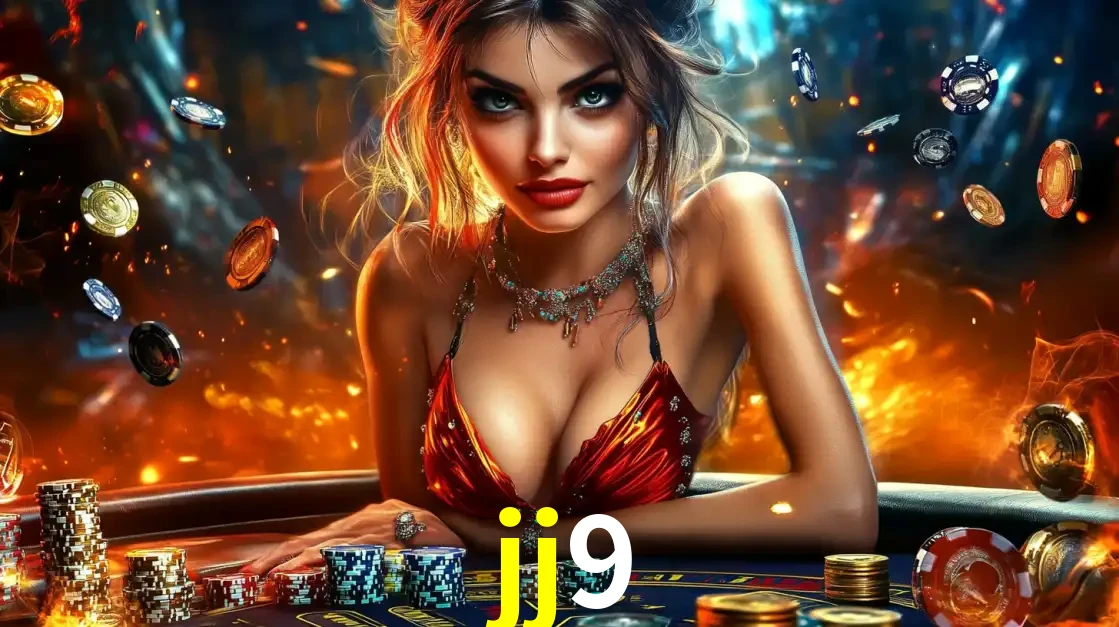 Mulher em uma mesa de cassino com pilhas de fichas e um fundo de fogo, pronta para uma rodada de altas apostas nos jogos de mesa emocionantes do cassino jj9.