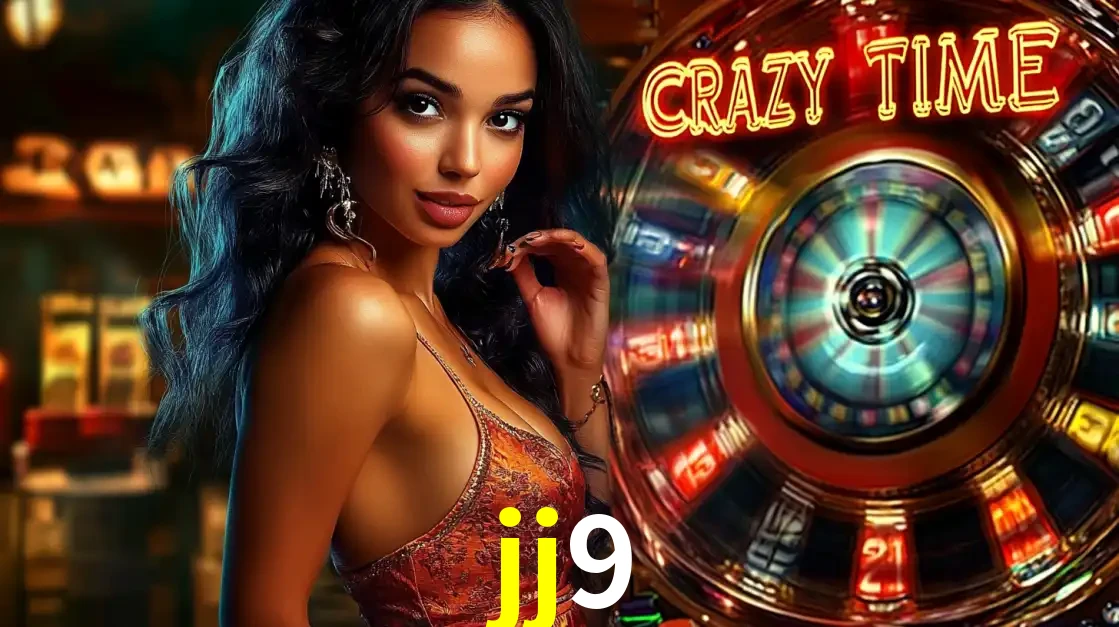 Mulher elegante ao lado da vibrante roda da fortuna do jogo de cassino ao vivo Crazy Time, um dos game shows mais populares e cheios de prêmios do jj9.