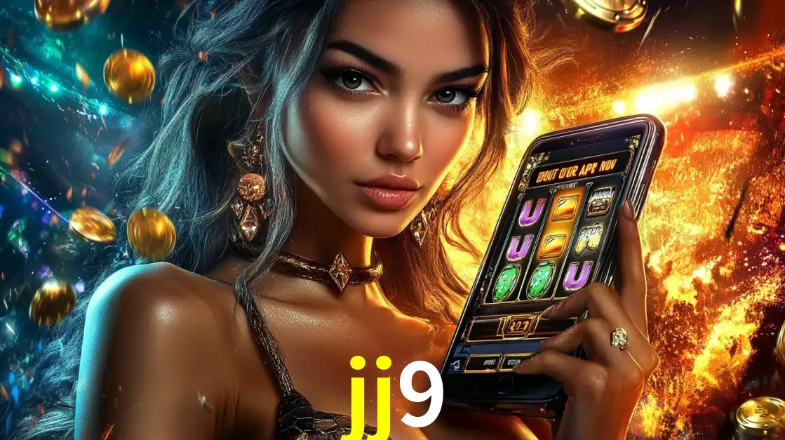 Mulher elegante mostrando um jogo de caça-níqueis em seu smartphone, destacando a experiência de cassino móvel oferecida pelo aplicativo jj9.