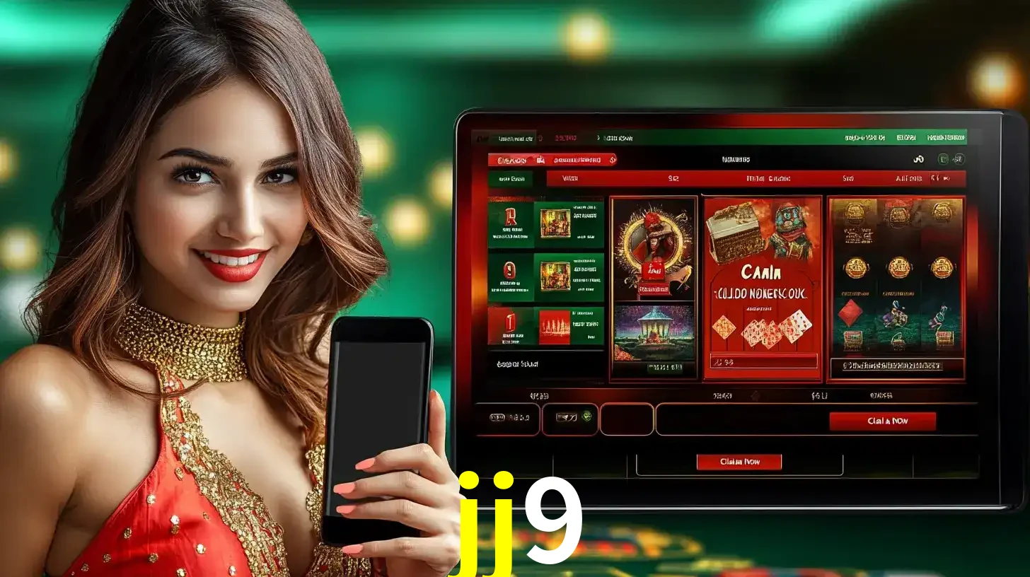 Mulher sorridente segurando um smartphone, ao lado de uma tela exibindo o lobby de jogos do cassino online jj9, com várias opções de jogos de cartas e slots.
